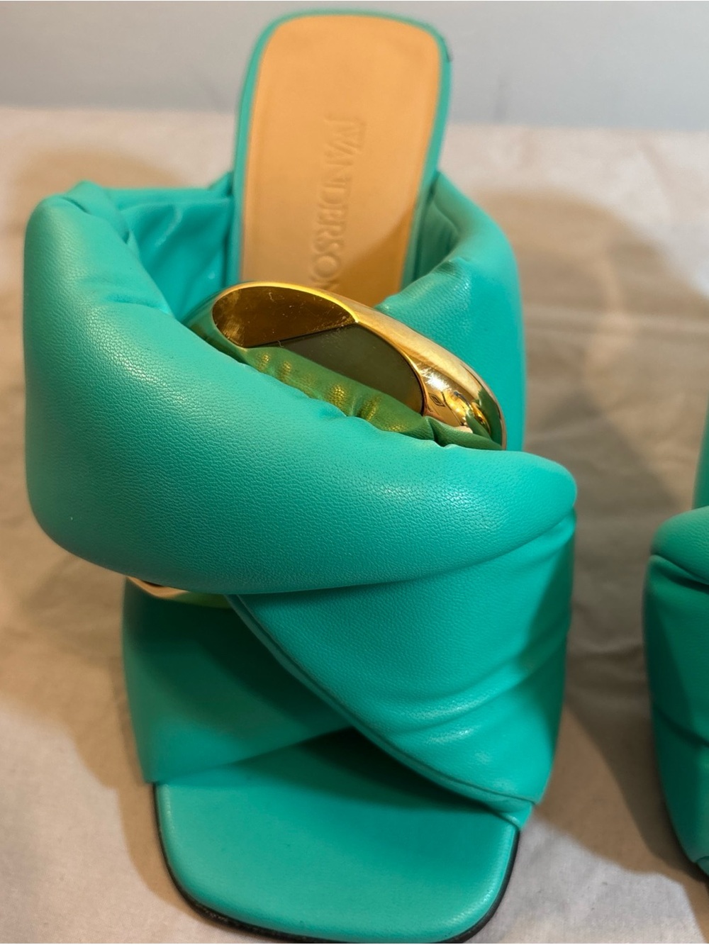 Turquoise Quilted Slide Heels with Gold Accent - Picture 2 of 13